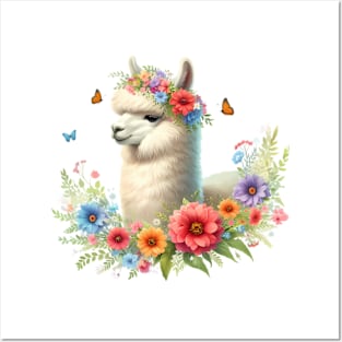 An alpaca decorated with beautiful colorful flowers. Posters and Art